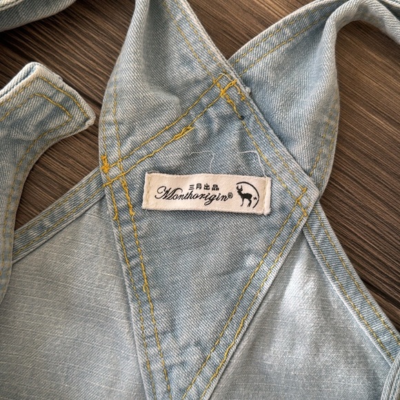 Distressed light blue drop crotch Japanese denim overalls one size baggy - Picture 10 of 10